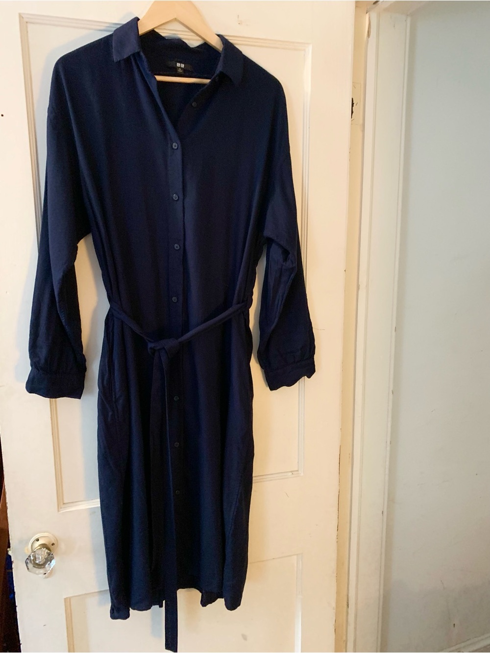 Uniqlo Button -Front Navy Shirt Dress in Light All-Season Flannel with Tie Belt